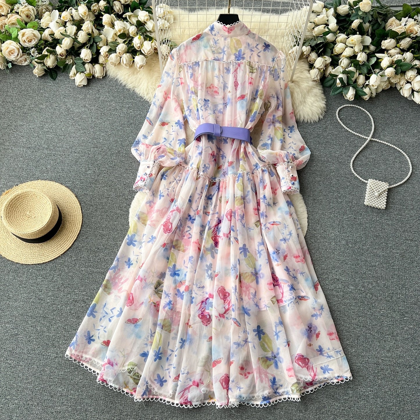French style high-end stand-up collar lantern long-sleeved floral dress for women with lace-up waist and large hem chiffon fairy skirt