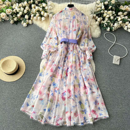 French style high-end stand-up collar lantern long-sleeved floral dress for women with lace-up waist and large hem chiffon fairy skirt