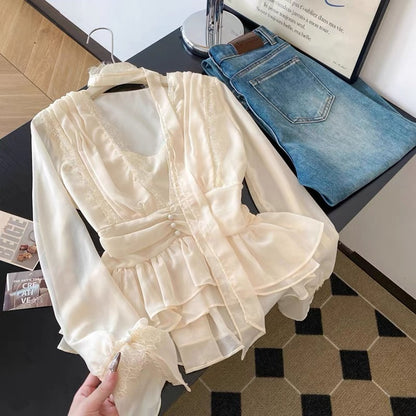Jade Closet flagship store recommendation: A chic and sophisticated V-neck long-sleeved lace chiffon blouse for women, exuding a sweet and elegant style.