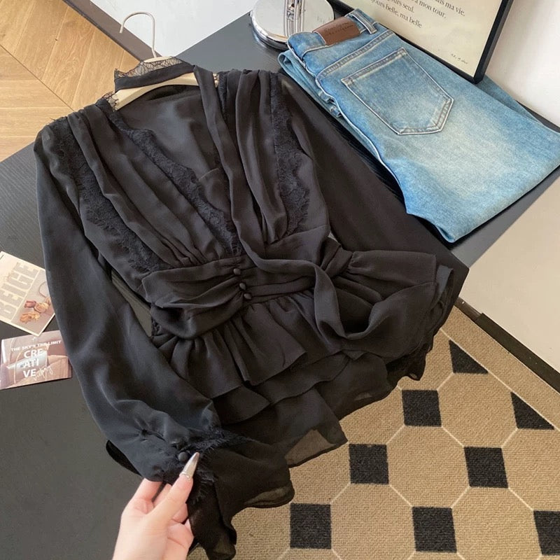 Jade Closet flagship store recommendation: A chic and sophisticated V-neck long-sleeved lace chiffon blouse for women, exuding a sweet and elegant style.