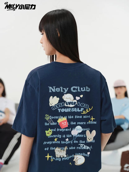 NELY American cartoon letters cat chips pure cotton short-sleeved T-shirt men and women summer loose tops tide