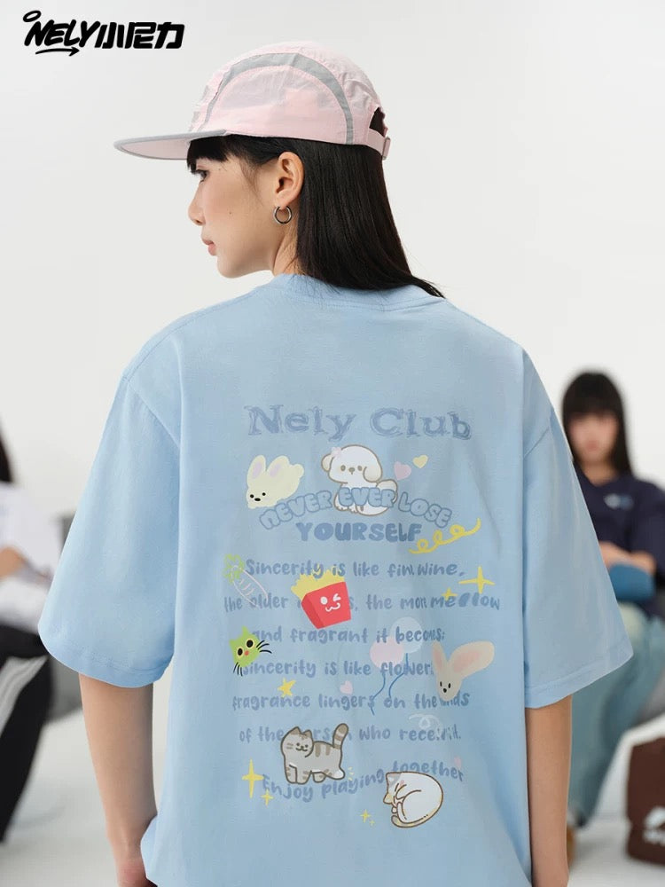NELY American cartoon letters cat chips pure cotton short-sleeved T-shirt men and women summer loose tops tide