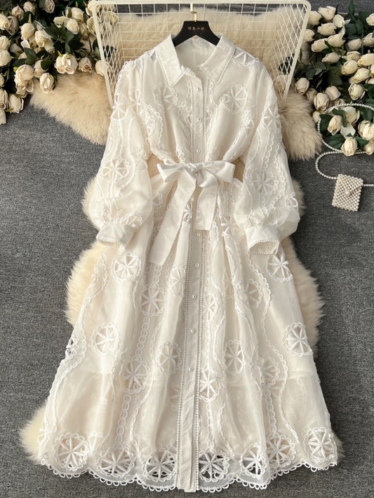 Palace style dress for women 2024 new heavy industry embroidery hollow flower breasted slim mid-length puff sleeve dress