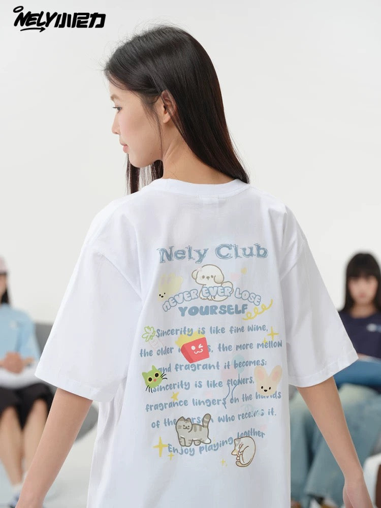 NELY American cartoon letters cat chips pure cotton short-sleeved T-shirt men and women summer loose tops tide
