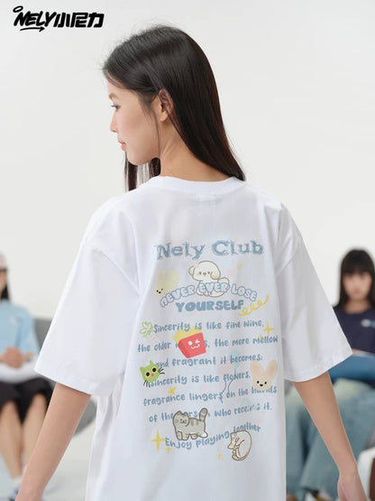 NELY American cartoon letters cat chips pure cotton short-sleeved T-shirt men and women summer loose tops tide