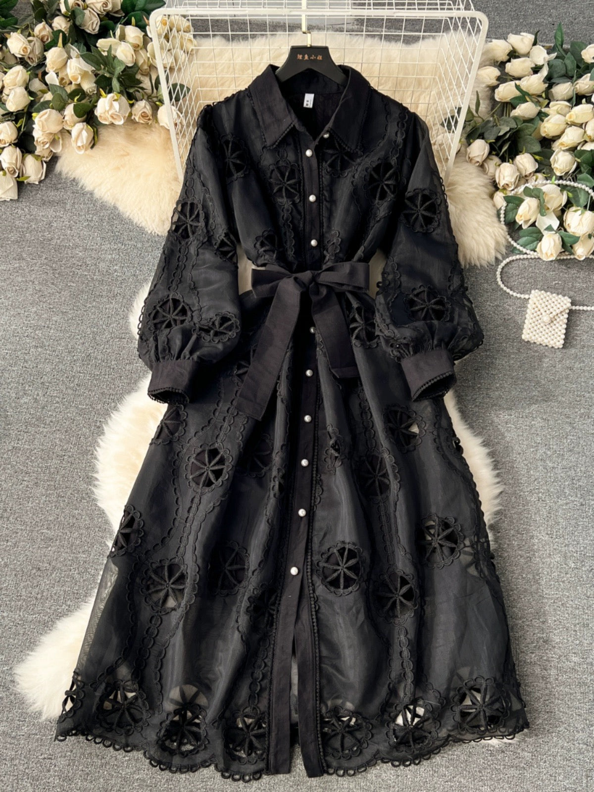 Palace style dress for women 2024 new heavy industry embroidery hollow flower breasted slim mid-length puff sleeve dress