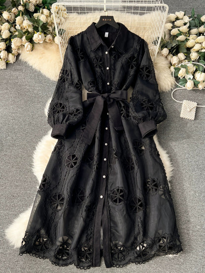 Palace style dress for women 2024 new heavy industry embroidery hollow flower breasted slim mid-length puff sleeve dress