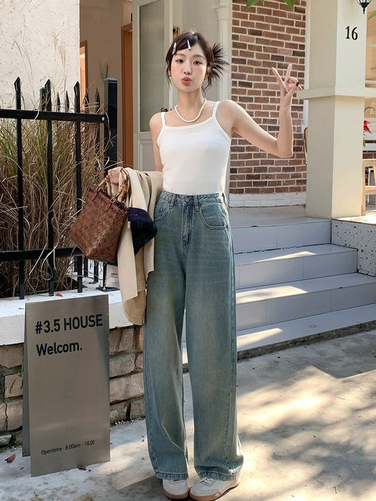 Blin's High Waisted Wide Leg Jeans Women's Spring and Autumn New Light Color Slim Versatile Drape Retro Floor-Mapping Straight Leg Pants