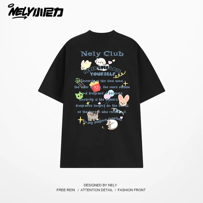 NELY American cartoon letters cat chips pure cotton short-sleeved T-shirt men and women summer loose tops tide