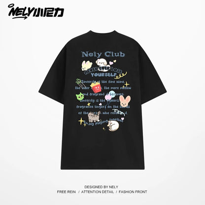 NELY American cartoon letters cat chips pure cotton short-sleeved T-shirt men and women summer loose tops tide