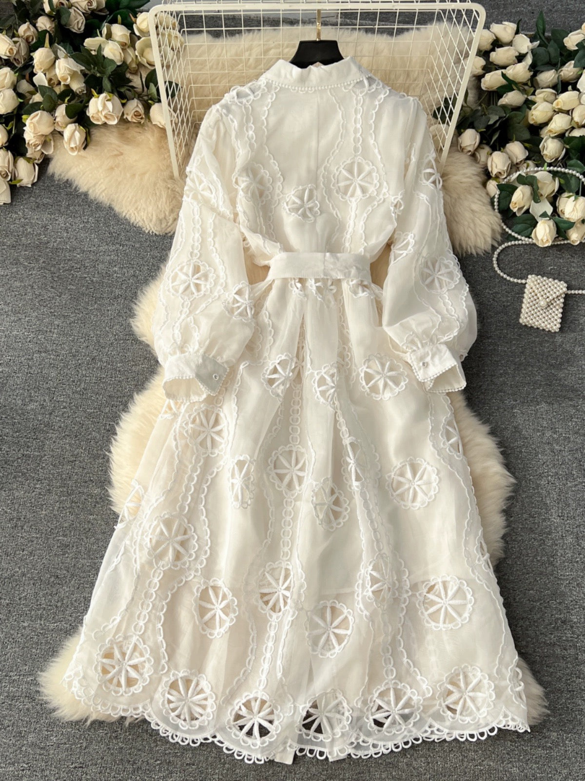 Palace style dress for women 2024 new heavy industry embroidery hollow flower breasted slim mid-length puff sleeve dress