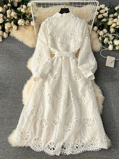 Palace style dress for women 2024 new heavy industry embroidery hollow flower breasted slim mid-length puff sleeve dress