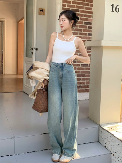 Blin's High Waisted Wide Leg Jeans Women's Spring and Autumn New Light Color Slim Versatile Drape Retro Floor-Mapping Straight Leg Pants