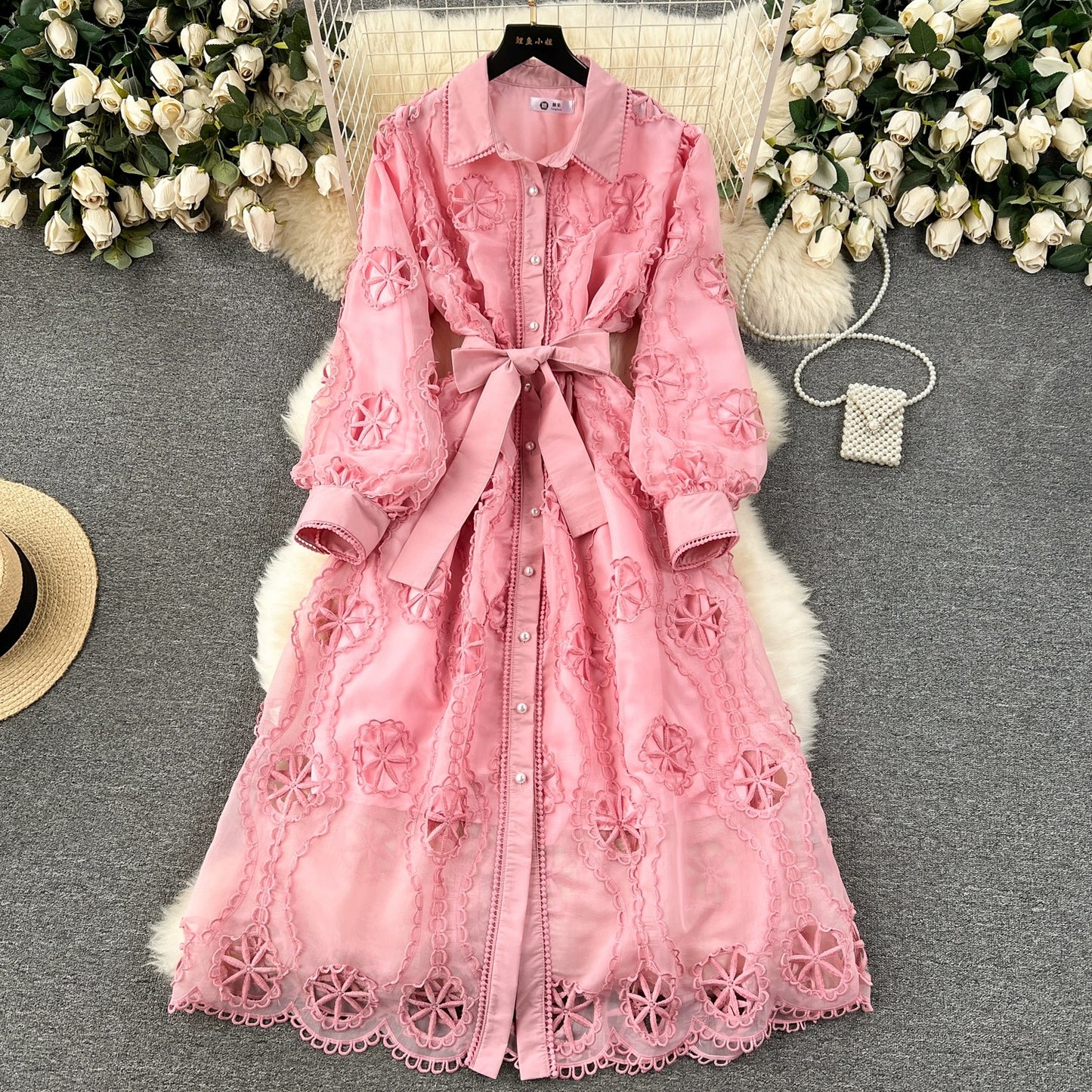 Palace style dress for women 2024 new heavy industry embroidery hollow flower breasted slim mid-length puff sleeve dress