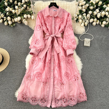 Palace style dress for women 2024 new heavy industry embroidery hollow flower breasted slim mid-length puff sleeve dress