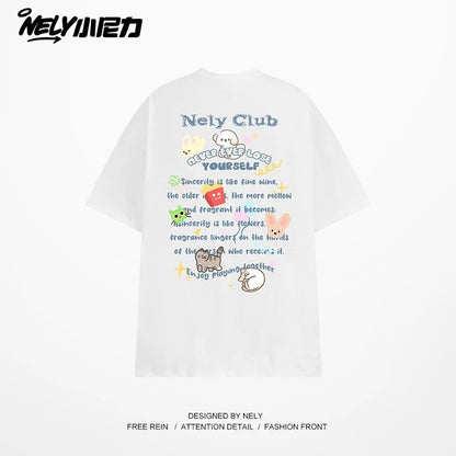 NELY American cartoon letters cat chips pure cotton short-sleeved T-shirt men and women summer loose tops tide