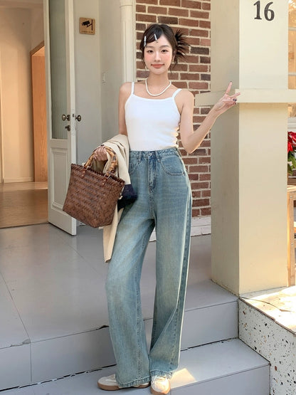 Blin's High Waisted Wide Leg Jeans Women's Spring and Autumn New Light Color Slim Versatile Drape Retro Floor-Mapping Straight Leg Pants