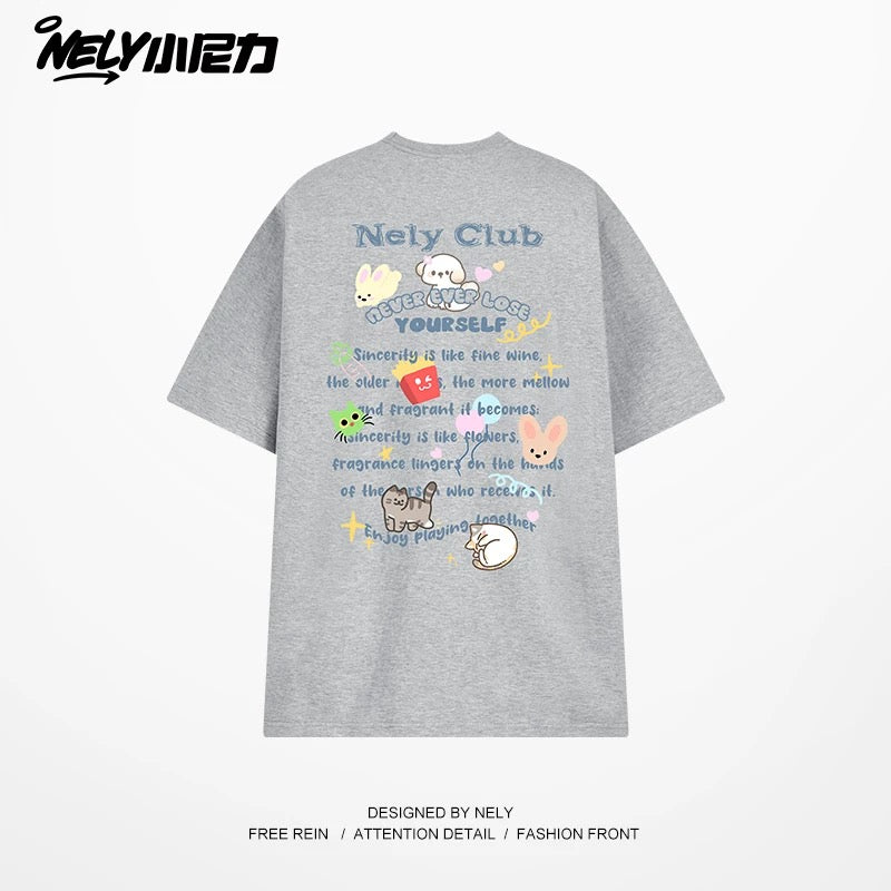 NELY American cartoon letters cat chips pure cotton short-sleeved T-shirt men and women summer loose tops tide