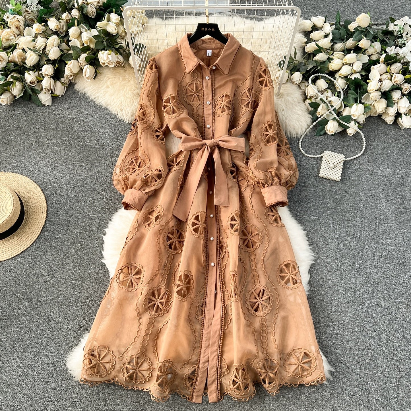 Palace style dress for women 2024 new heavy industry embroidery hollow flower breasted slim mid-length puff sleeve dress