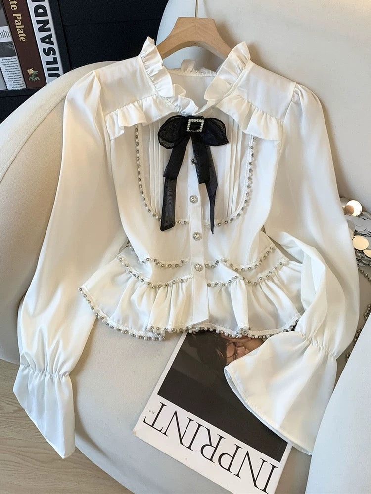 Jade Closet flagship store recommendation: Sweet and spicy style long-sleeved chiffon blouse with bow tie for spring and autumn.