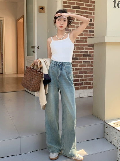 Blin's High Waisted Wide Leg Jeans Women's Spring and Autumn New Light Color Slim Versatile Drape Retro Floor-Mapping Straight Leg Pants