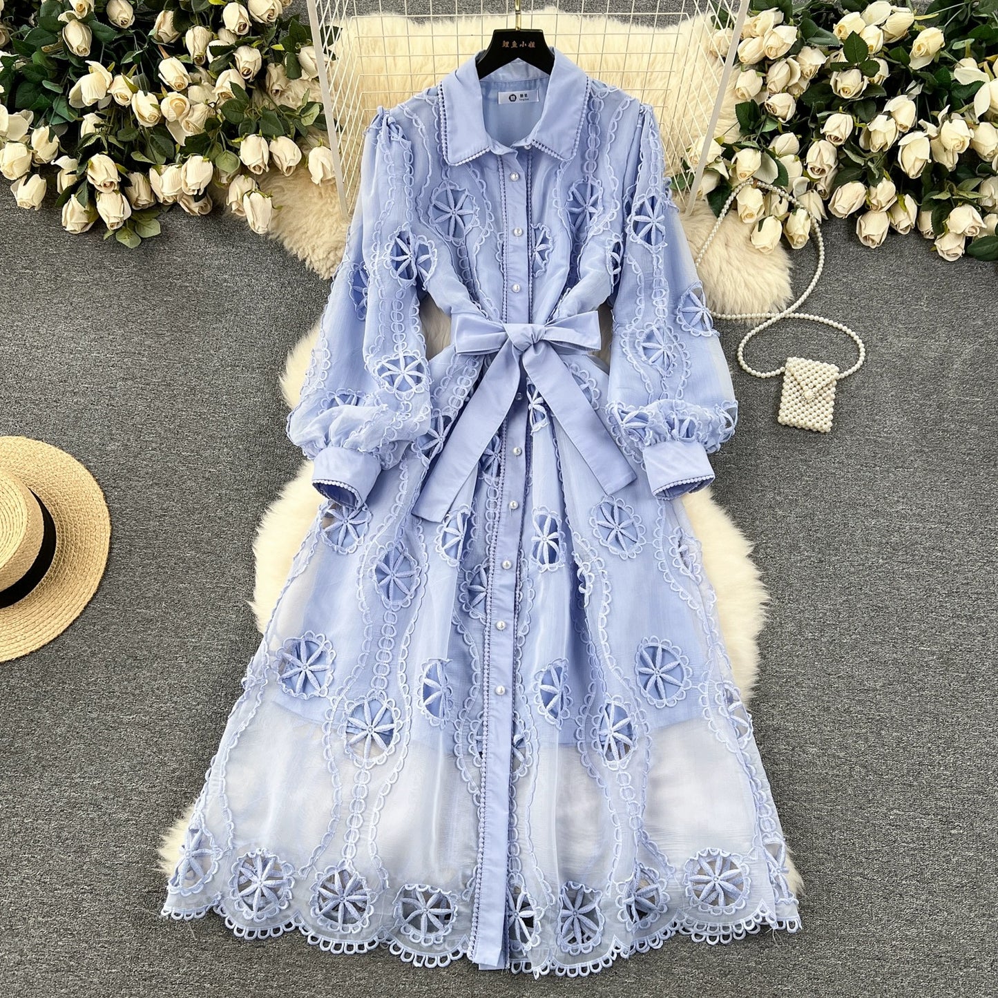Palace style dress for women 2024 new heavy industry embroidery hollow flower breasted slim mid-length puff sleeve dress