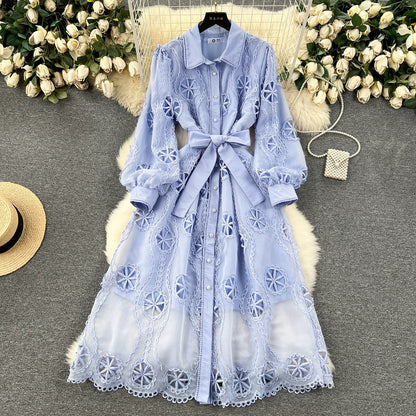 Palace style dress for women 2024 new heavy industry embroidery hollow flower breasted slim mid-length puff sleeve dress