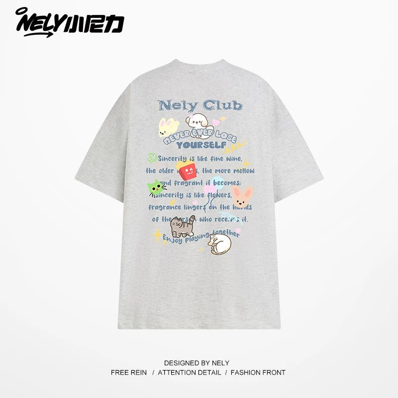 NELY American cartoon letters cat chips pure cotton short-sleeved T-shirt men and women summer loose tops tide