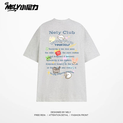NELY American cartoon letters cat chips pure cotton short-sleeved T-shirt men and women summer loose tops tide