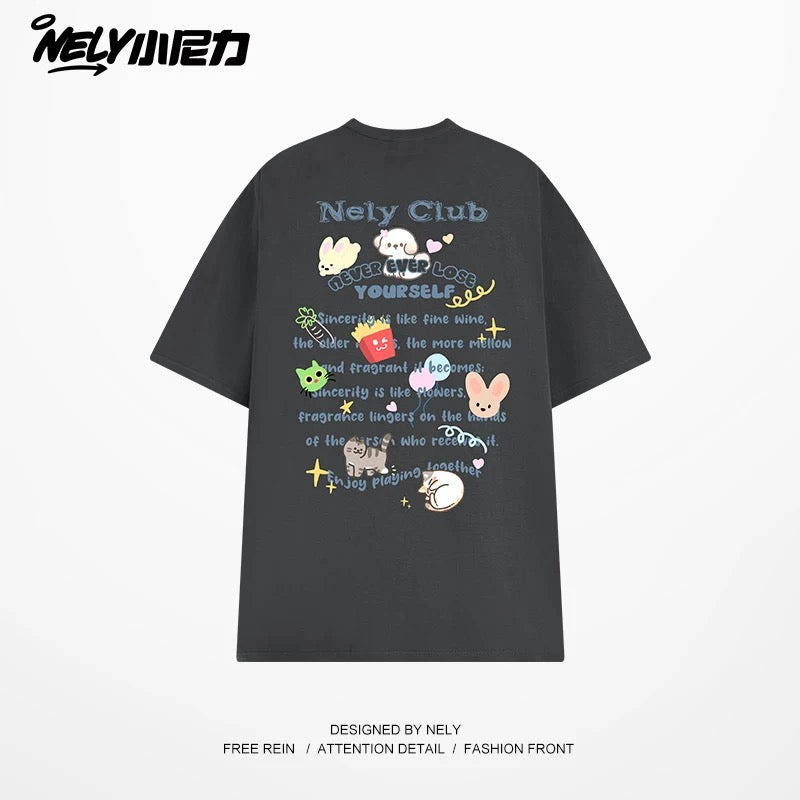 NELY American cartoon letters cat chips pure cotton short-sleeved T-shirt men and women summer loose tops tide