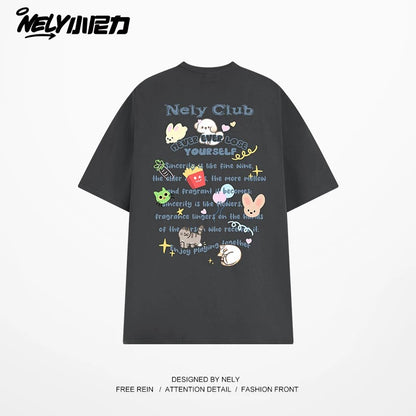 NELY American cartoon letters cat chips pure cotton short-sleeved T-shirt men and women summer loose tops tide