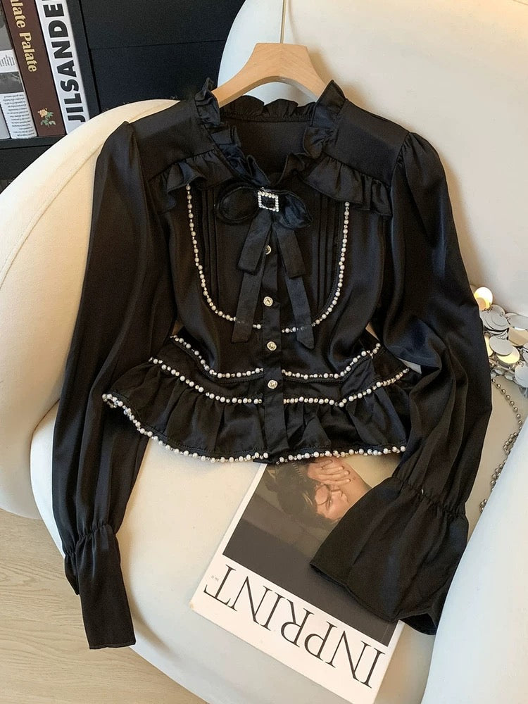 Jade Closet flagship store recommendation: Sweet and spicy style long-sleeved chiffon blouse with bow tie for spring and autumn.