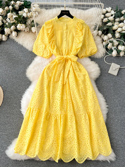 Bohemian holiday dress for women spring and summer new age-reducing puff sleeves heavy embroidery ruffle slim long skirt