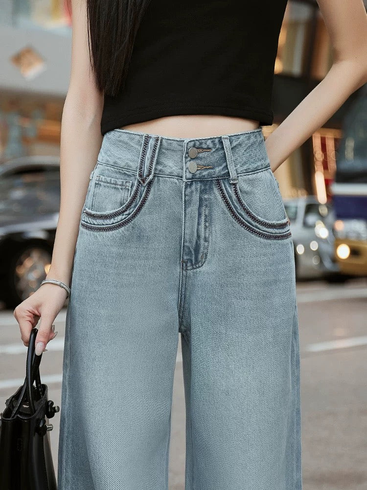 2025 Spring New High Waist Slimming Wide Leg Jeans Women's Loose Straight Leg Belly-controlling High-end Fashion Mopping Pants
