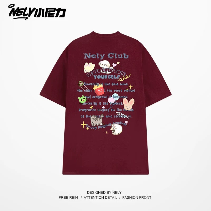 NELY American cartoon letters cat chips pure cotton short-sleeved T-shirt men and women summer loose tops tide