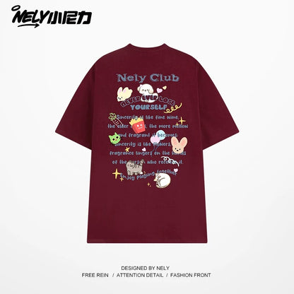 NELY American cartoon letters cat chips pure cotton short-sleeved T-shirt men and women summer loose tops tide
