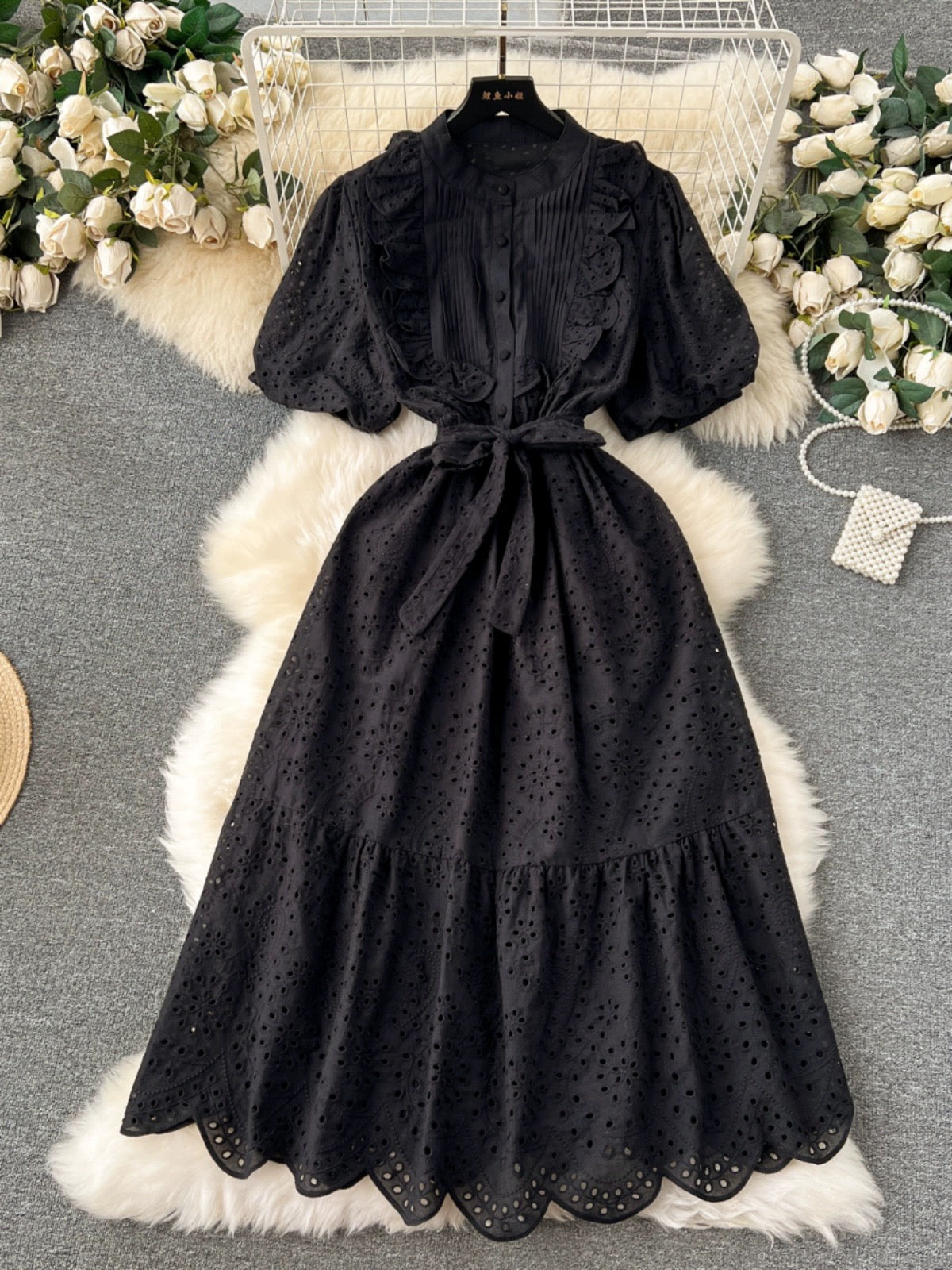 Bohemian holiday dress for women spring and summer new age-reducing puff sleeves heavy embroidery ruffle slim long skirt