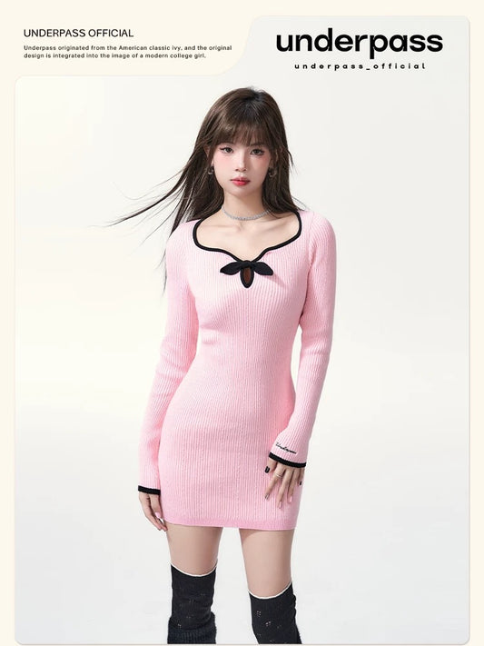 underpass original design bow contrast peach collar hip skirt three-color slim waist bottoming dress