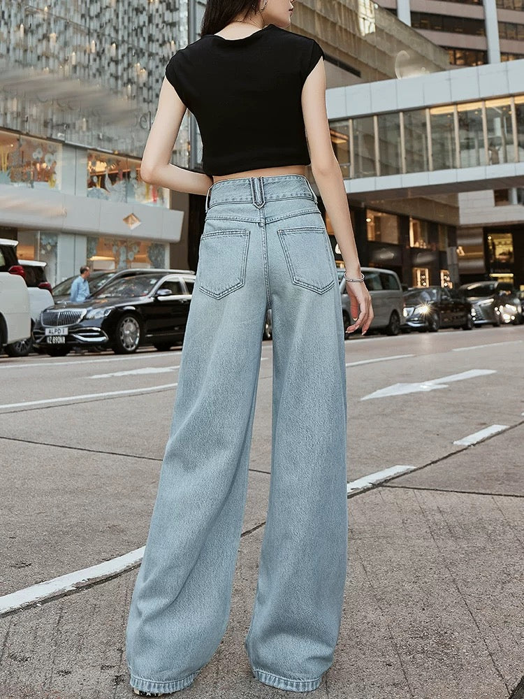 2025 Spring New High Waist Slimming Wide Leg Jeans Women's Loose Straight Leg Belly-controlling High-end Fashion Mopping Pants