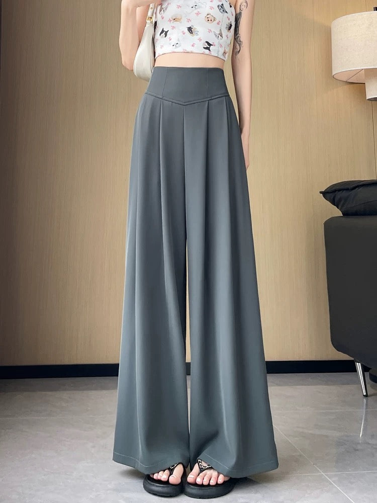 Gray suit pants for women in summer thin design fishbone super high waist wide leg pants casual straight drape floor mopping pants