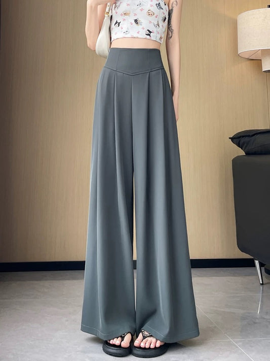 Gray suit pants for women in summer thin design fishbone super high waist wide leg pants casual straight drape floor mopping pants