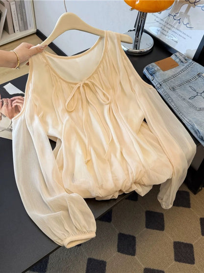 Jade Closet flagship store recommendation: A sweet and stylish off-shoulder chiffon blouse with unique long sleeves by Jade Closet.