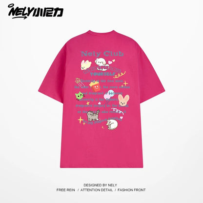 NELY American cartoon letters cat chips pure cotton short-sleeved T-shirt men and women summer loose tops tide