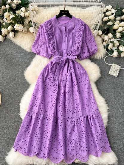 Bohemian holiday dress for women spring and summer new age-reducing puff sleeves heavy embroidery ruffle slim long skirt