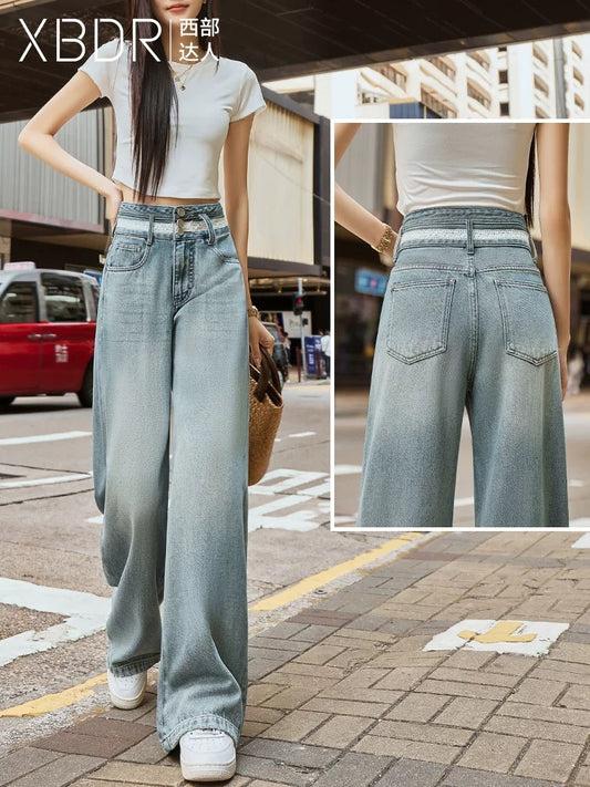 2025 Summer New Waist Ribbon Wide Leg Jeans Women's High Waist Straight Slimming Drape Advanced Floor-Mopping Pants