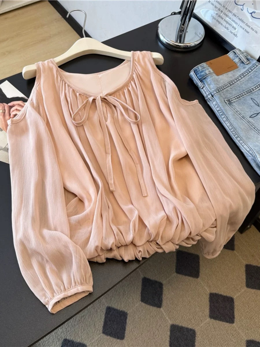 Jade Closet flagship store recommendation: A sweet and stylish off-shoulder chiffon blouse with unique long sleeves by Jade Closet.