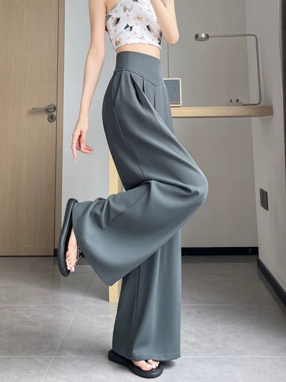 Gray suit pants for women in summer thin design fishbone super high waist wide leg pants casual straight drape floor mopping pants