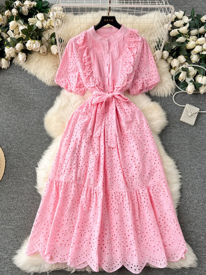 Bohemian holiday dress for women spring and summer new age-reducing puff sleeves heavy embroidery ruffle slim long skirt