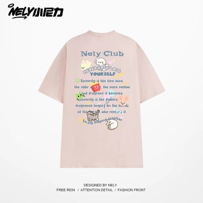 NELY American cartoon letters cat chips pure cotton short-sleeved T-shirt men and women summer loose tops tide