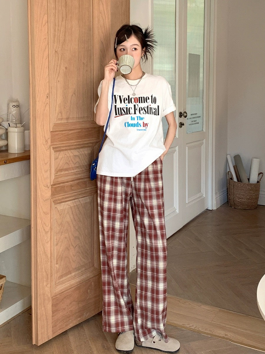 Blin's Retro Red Plaid Pants Casual Pants High Waist Straight Pants Women's Spring and Autumn New Loose Slimming Wide Leg Pants